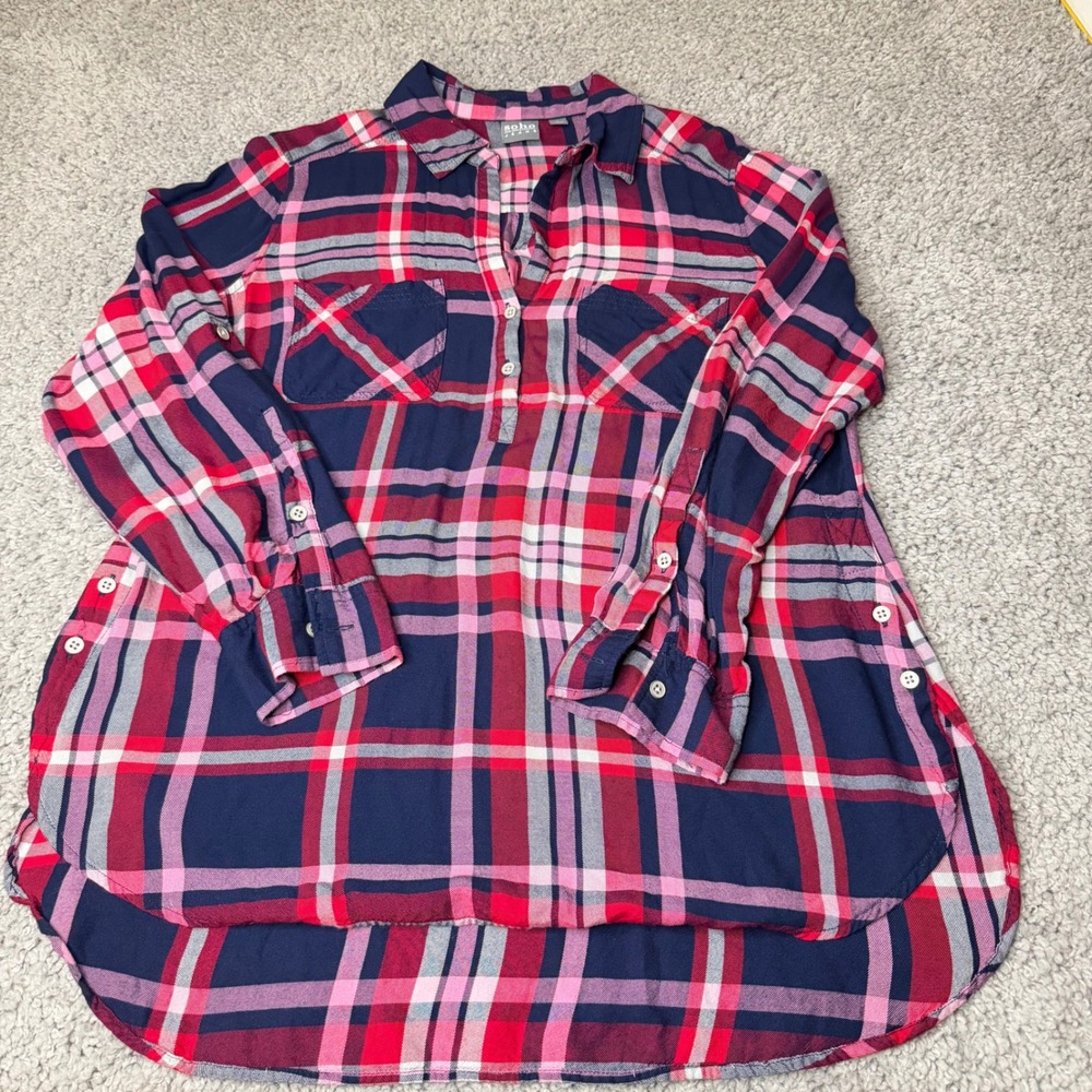 Soho Jeans New York & Company Plaid Tunic Top Navy Red Pink Rayon Large